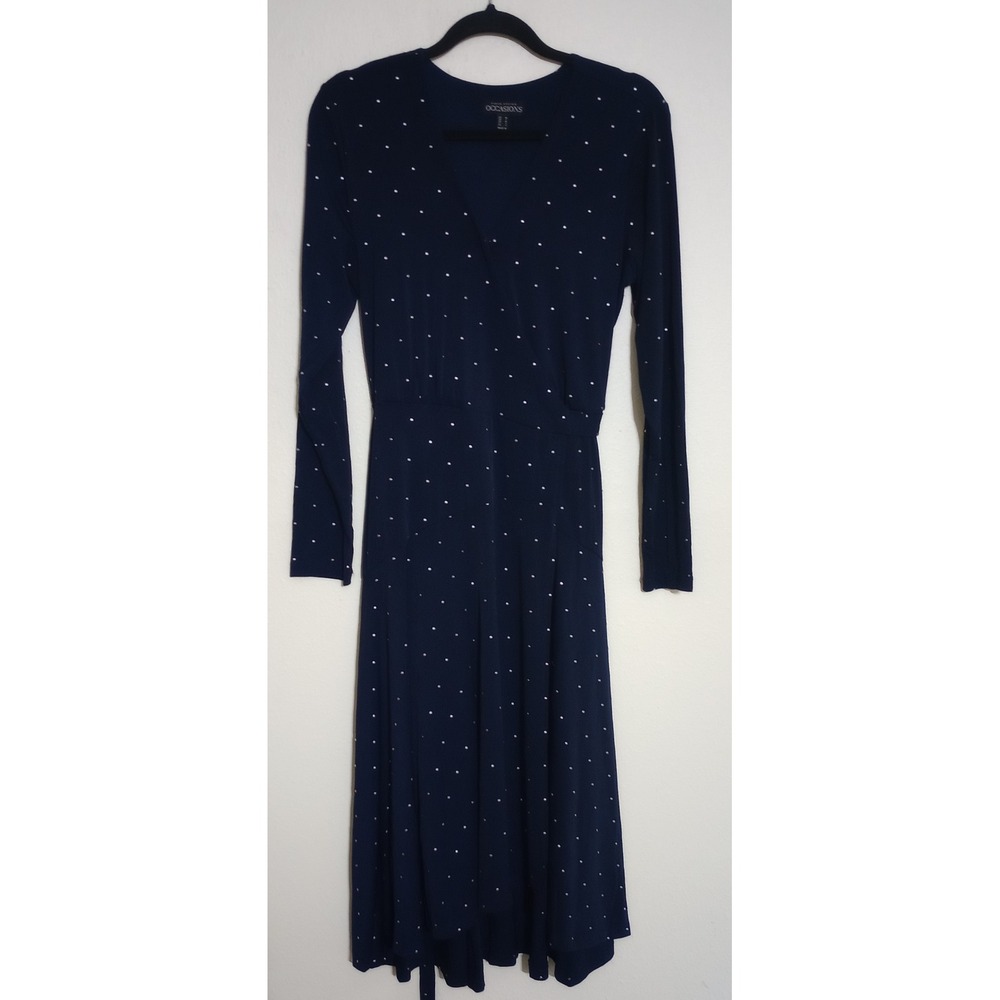 Susan Graver Occasions Black Metal Embellish Dots Wrap Midi Dress Long Sleeve M - Picture 2 of 7
